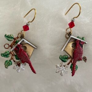 Red and Green Cardinal Bird Dangle Earrings